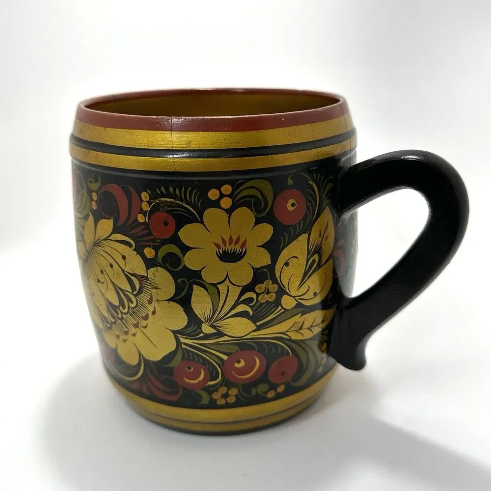 Russian Khokhloma Hand-Painted Lacquered Wood Bowl + Spoon Set Folk Art